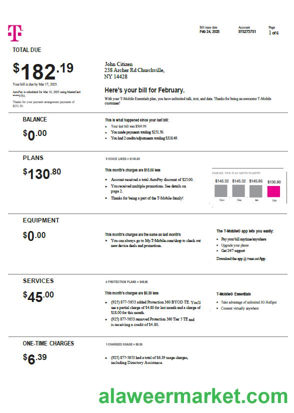 USA T-mobile utility bill template in Word and PDF formats, version 4